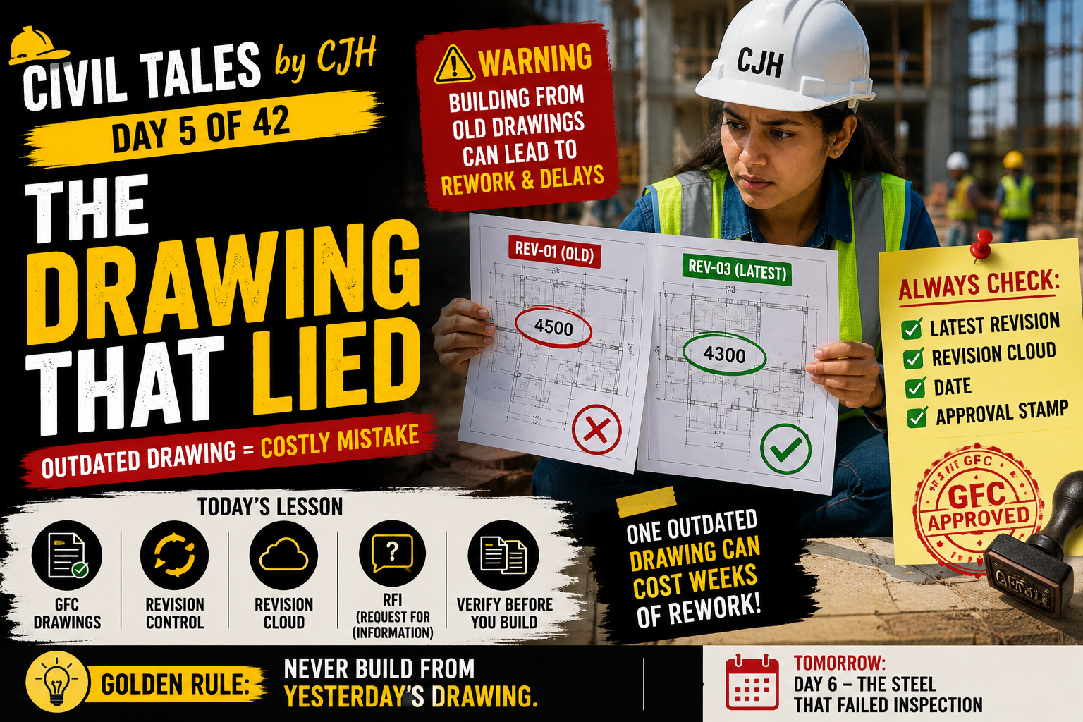 Civil Tales by CJH | Day 5: The Drawing That Lied | Why Every Site Engineer Must Check Drawing Revisions - Civil engineering career guidance