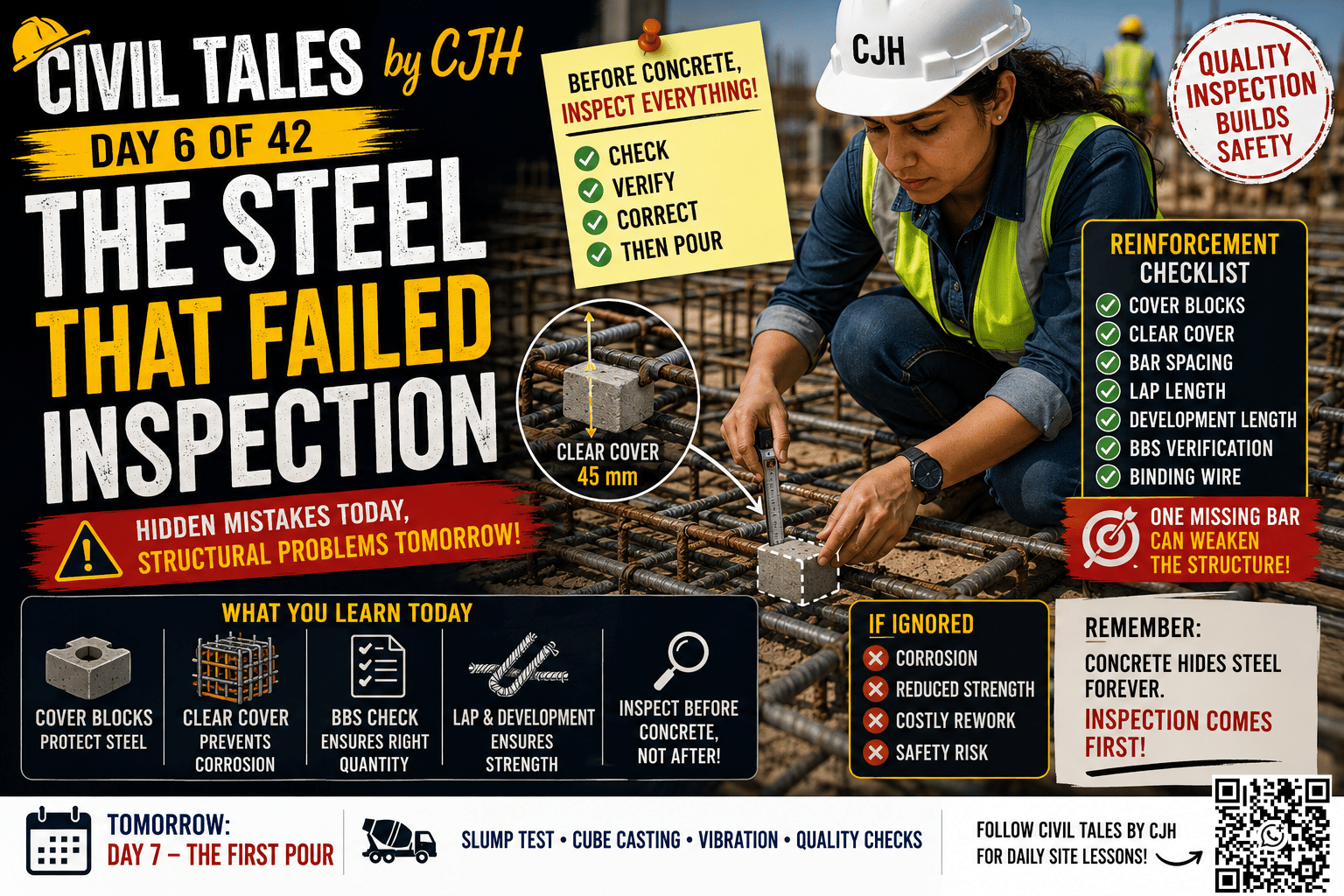 Civil Tales by CJH | Day 6: The Steel That Failed Inspection | Why One Missing Cover Block Can Fail an Inspection - Civil engineering career guidance