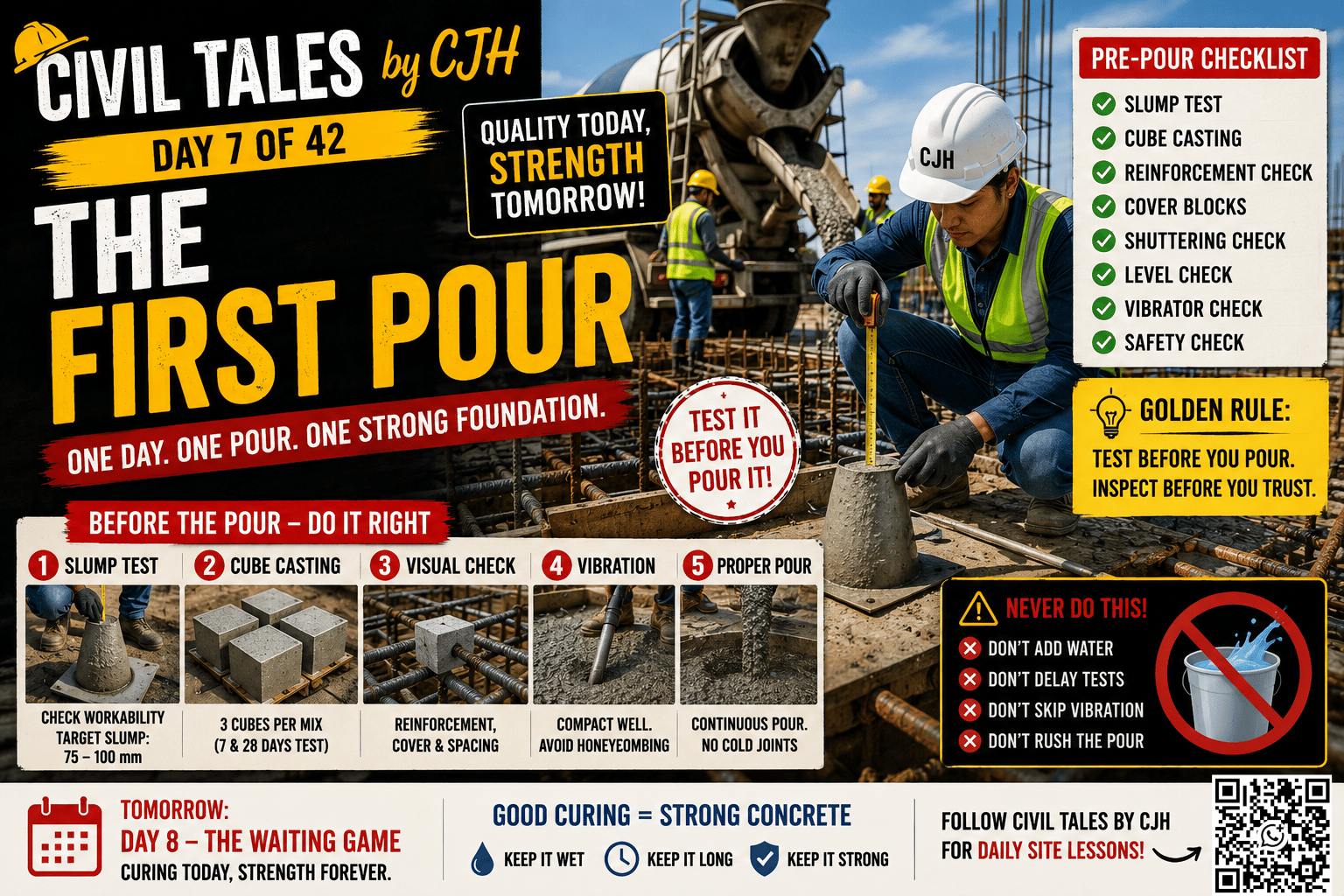 Civil Tales by CJH | Day 7: The First Pour | Why Every Concrete Truck Must Be Tested Before Pouring - Civil engineering career guidance