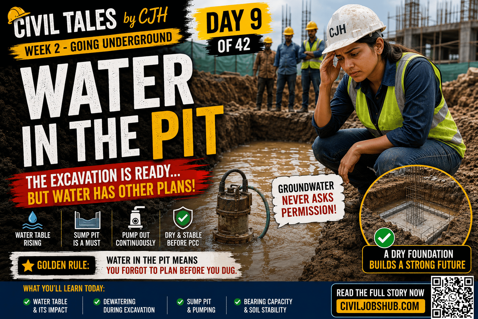 Civil Tales Day 9: Water in the Pit | Dewatering During Excavation Explained Through a Real Site Story - Civil engineering career guidance