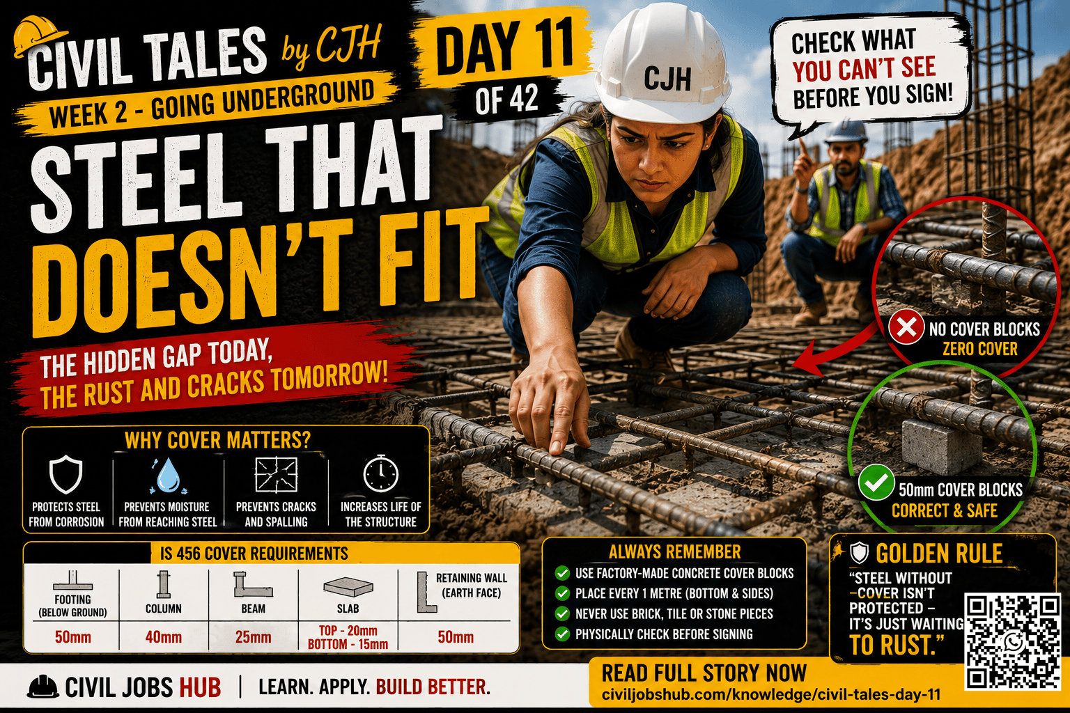 Civil Tales Day 11: Steel That Doesn't Fit | Cover Blocks & Reinforcement Cover Explained - Civil engineering career guidance