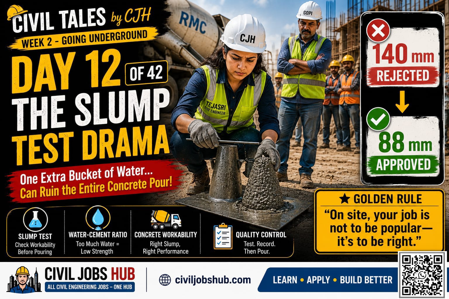 Civil Tales Day 12: The Slump Test Drama | Concrete Workability & Slump Test Explained - Civil engineering career guidance
