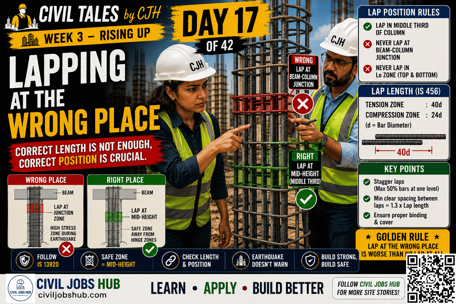 Civil Tales Day 17: Lapping at the Wrong Place | Column Lap Position & Splice Zones Explained - Civil engineering career guidance